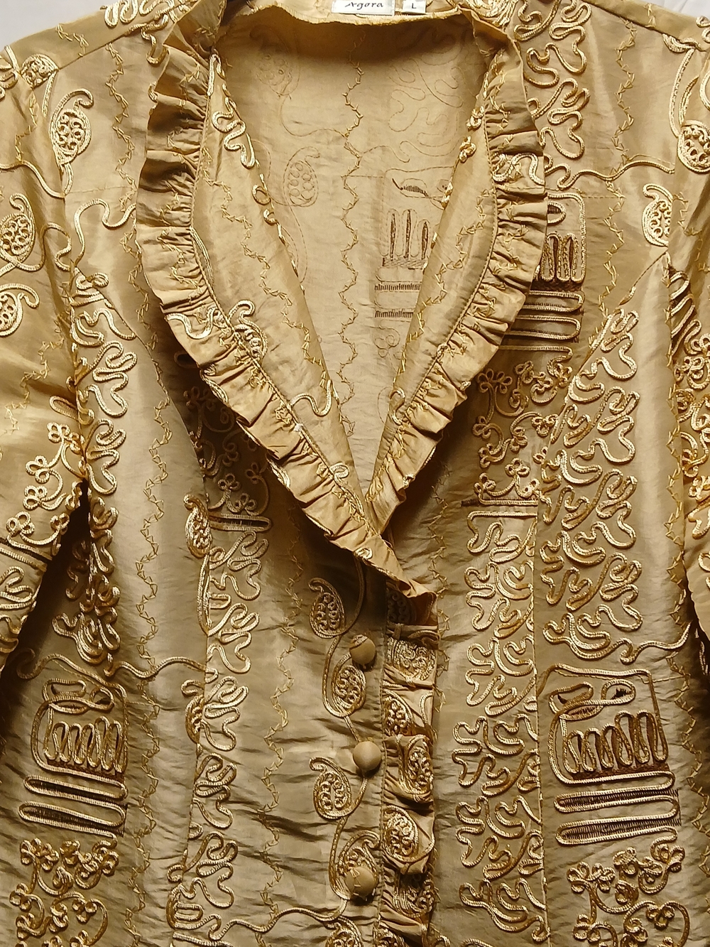 Embroidered Satin Ruffle-Trim Jacket in Gold By Agora
